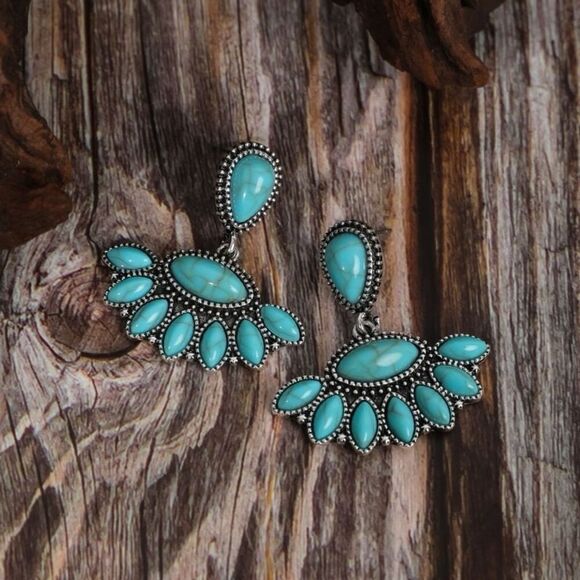 Boho Southwestern Faux Turquoise Chunky Fan Teardrop Stud Dangle Earrings - Picture 1 of 9